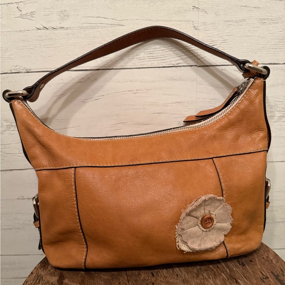 Fossil leather Brown With Flower Applique Hobo Purse Vintage Condition - Picture 1 of 8